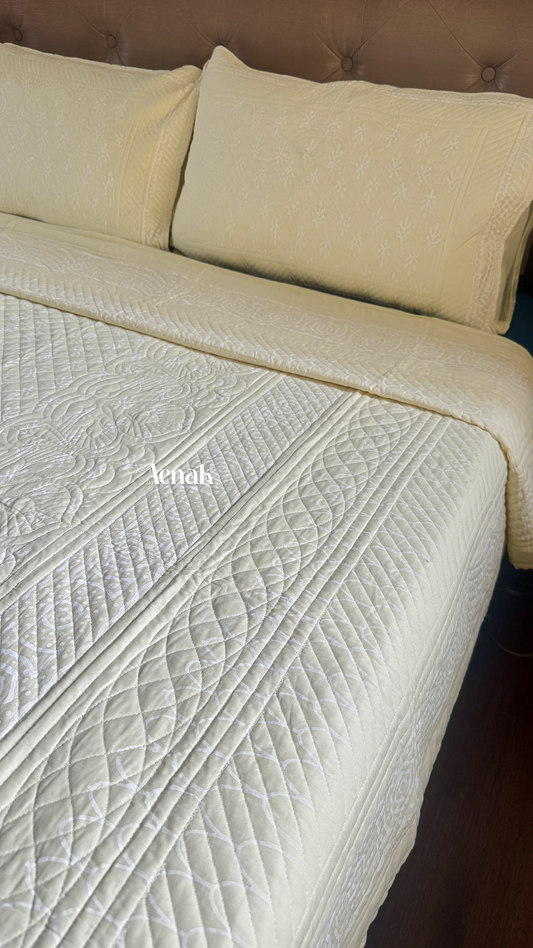 Light Yellow Embossed Quilted Handblock Printed Bedcover