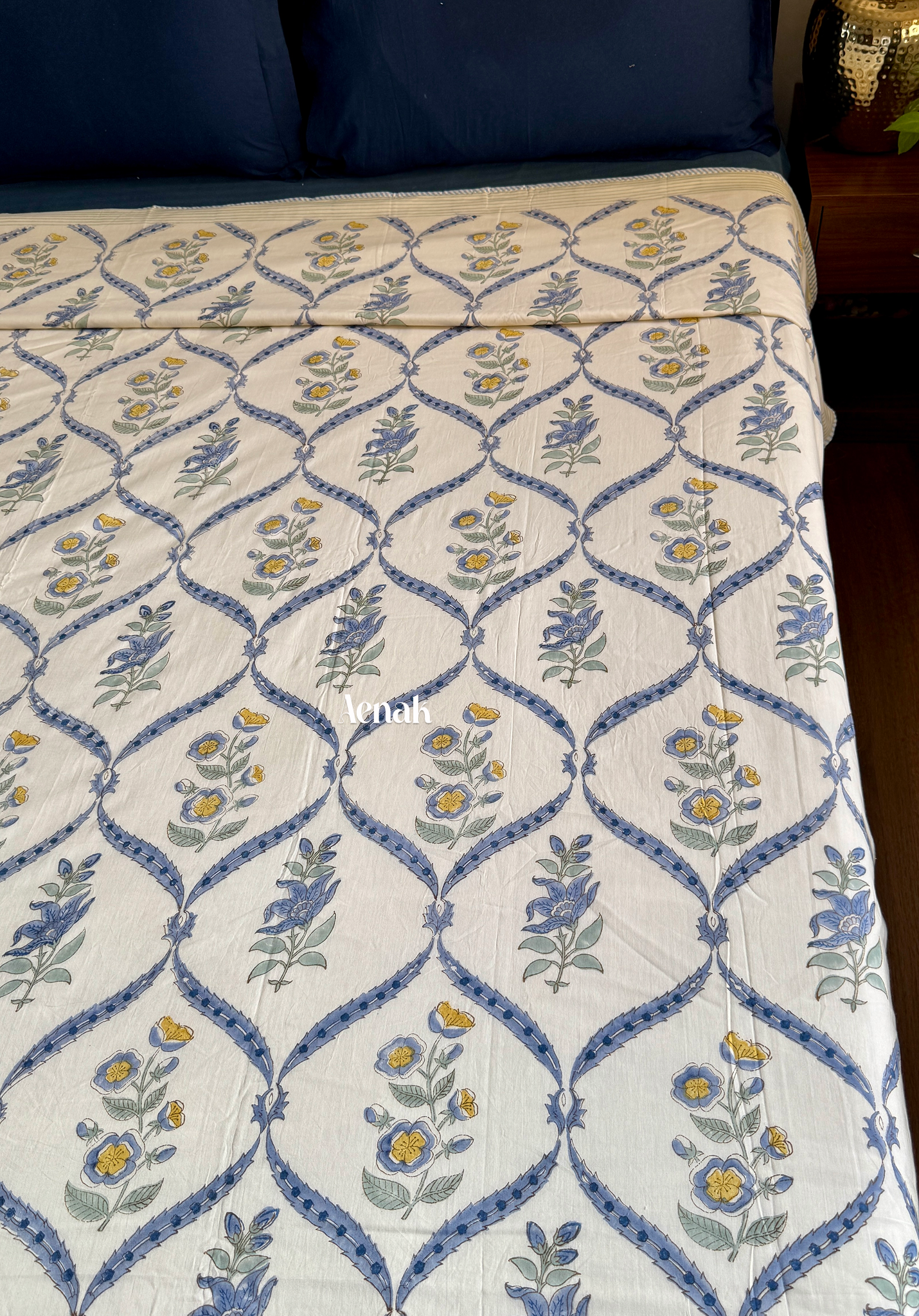 Blue Periwinkle Handblock Printed Mulmul Cotton Reversible Dohar (Beige Base)