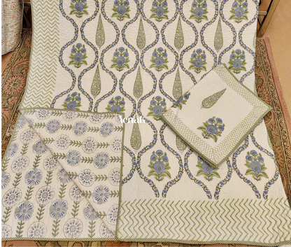 Blue Green Cypress Jaal Handblock Printed Reversible Quilted Cotton Bedcover- 105x108