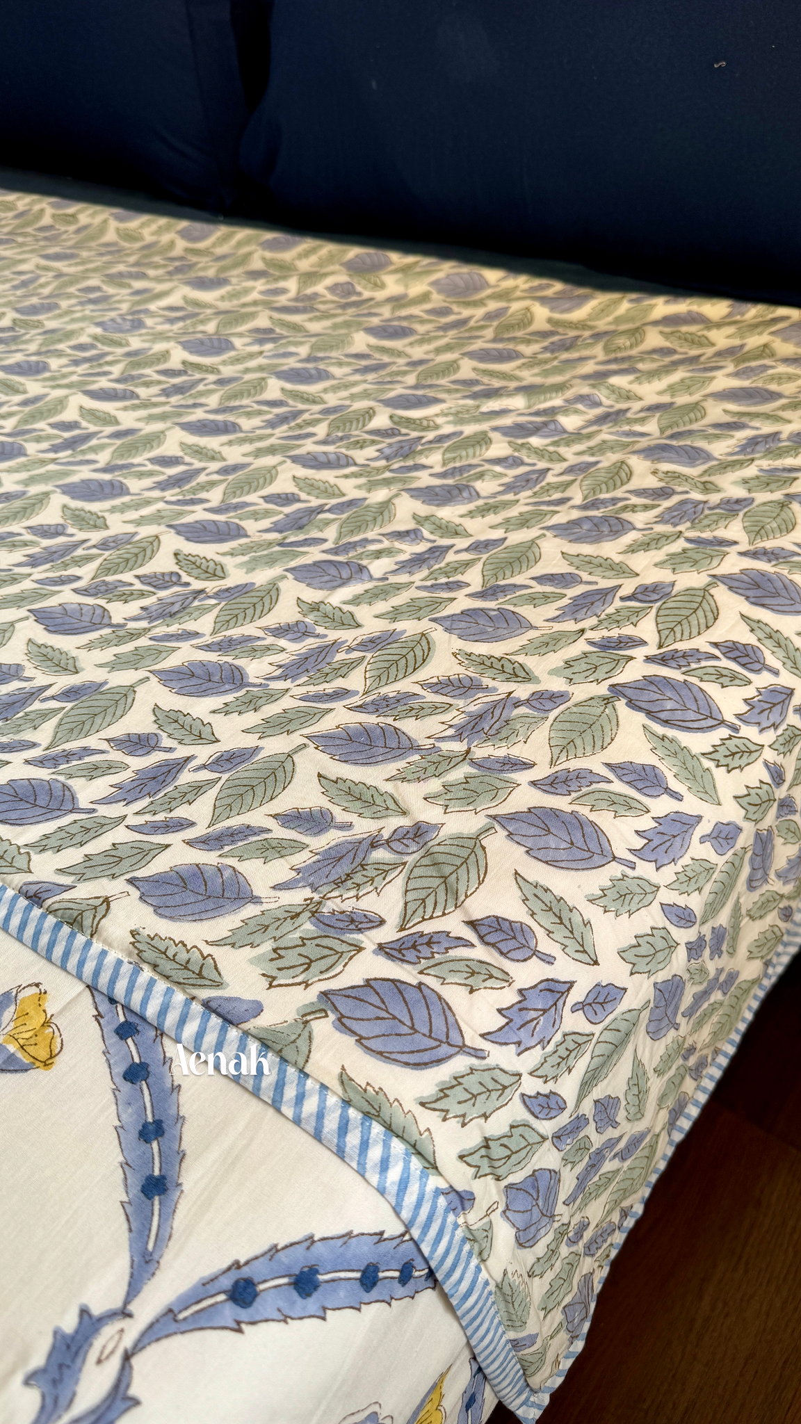 Blue Periwinkle Handblock Printed Mulmul Cotton Reversible Dohar (Beige Base)