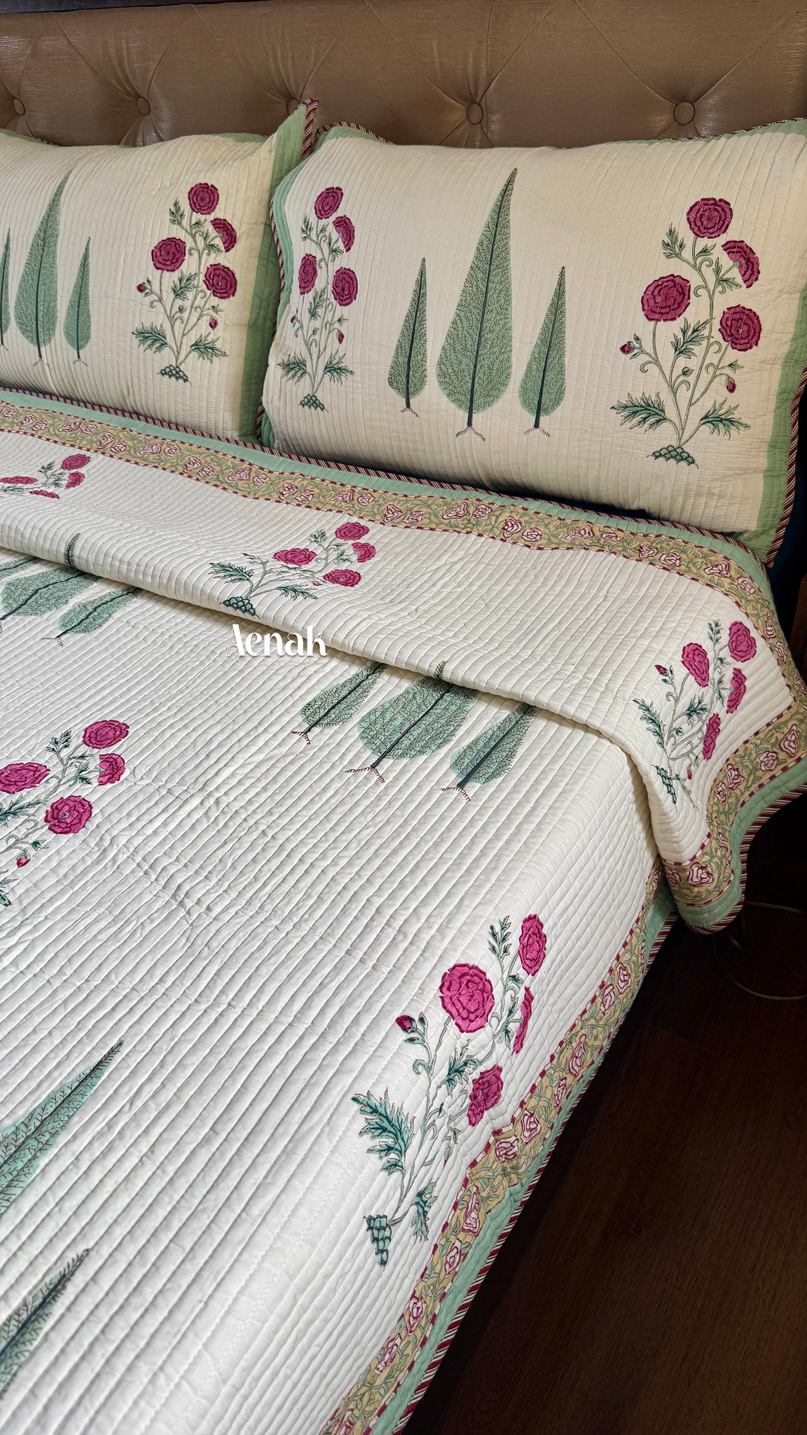 Magenta Floral Garden Handblock Bedsheet + Quilted Bedcover Combo (Ivory Base)
