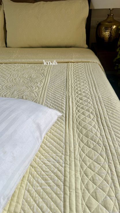 Light Yellow Embossed Quilted Handblock Printed Bedcover