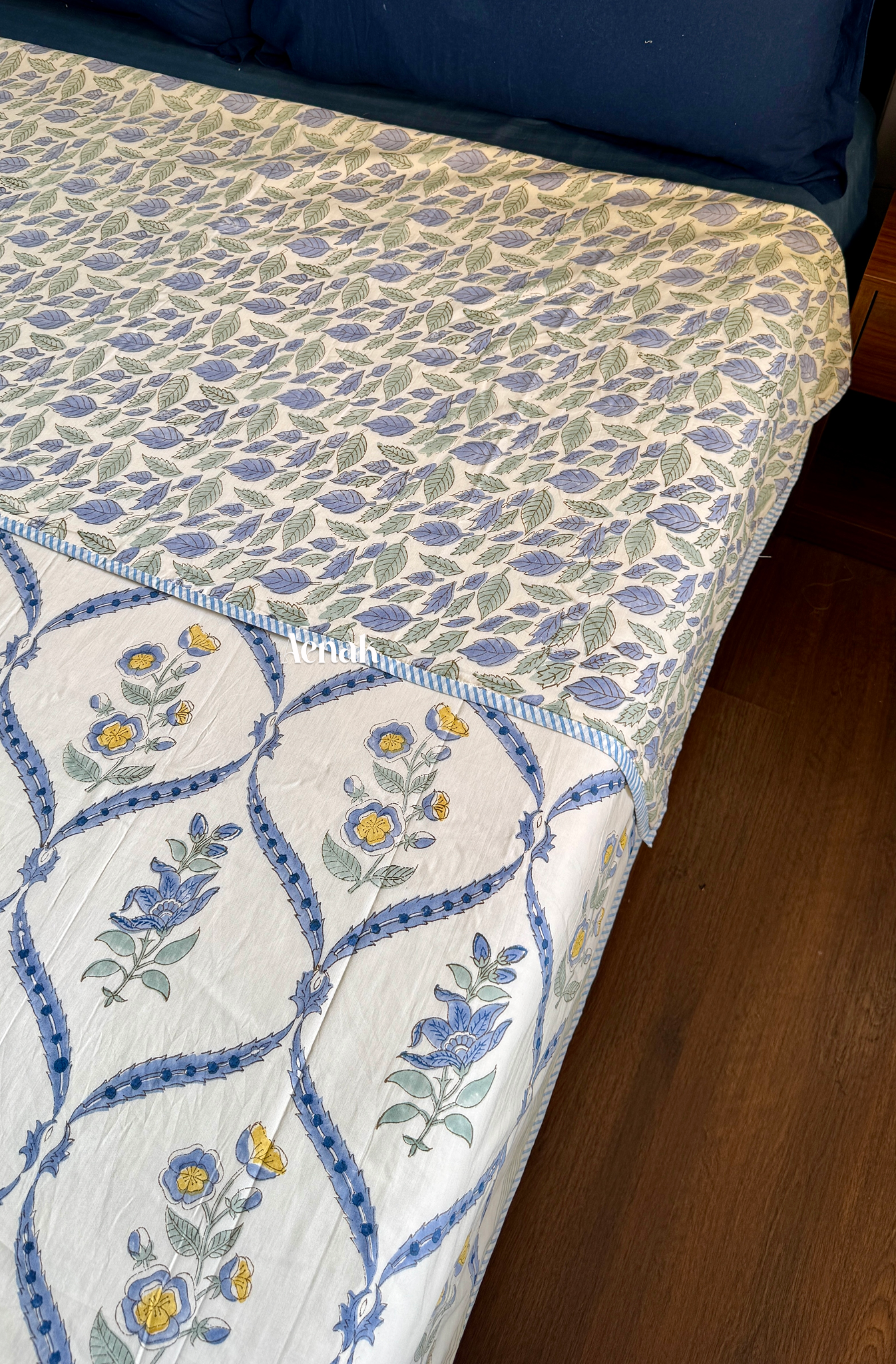 Blue Periwinkle Handblock Printed Mulmul Cotton Reversible Dohar (Beige Base)