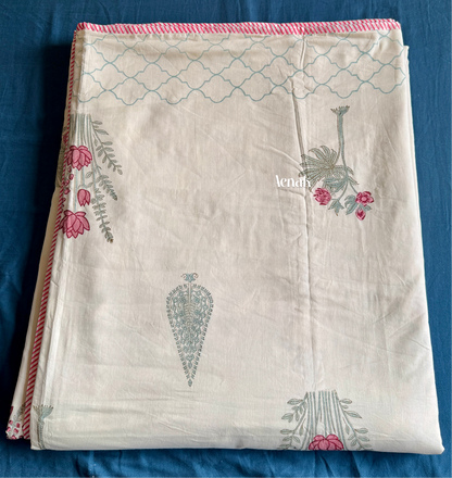 Green Ashoka Handblock Printed Mulmul Cotton Reversible Dohar (Beige Base)