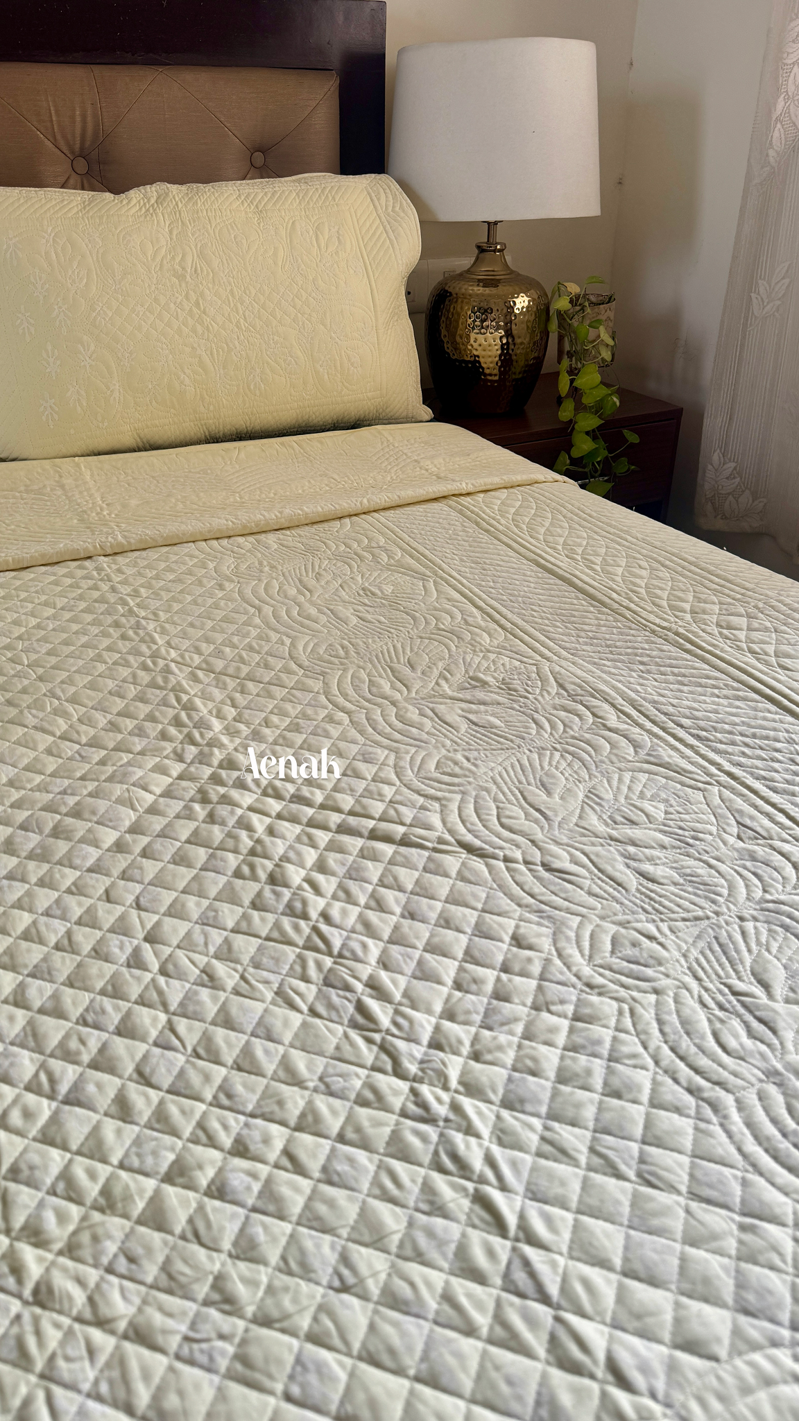 Light Yellow Embossed Quilted Handblock Printed Bedcover