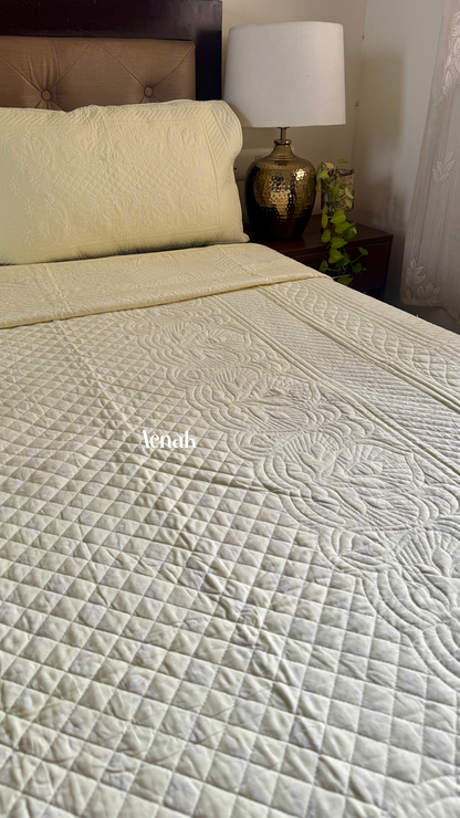 Light Yellow Embossed Quilted Handblock Printed Bedcover