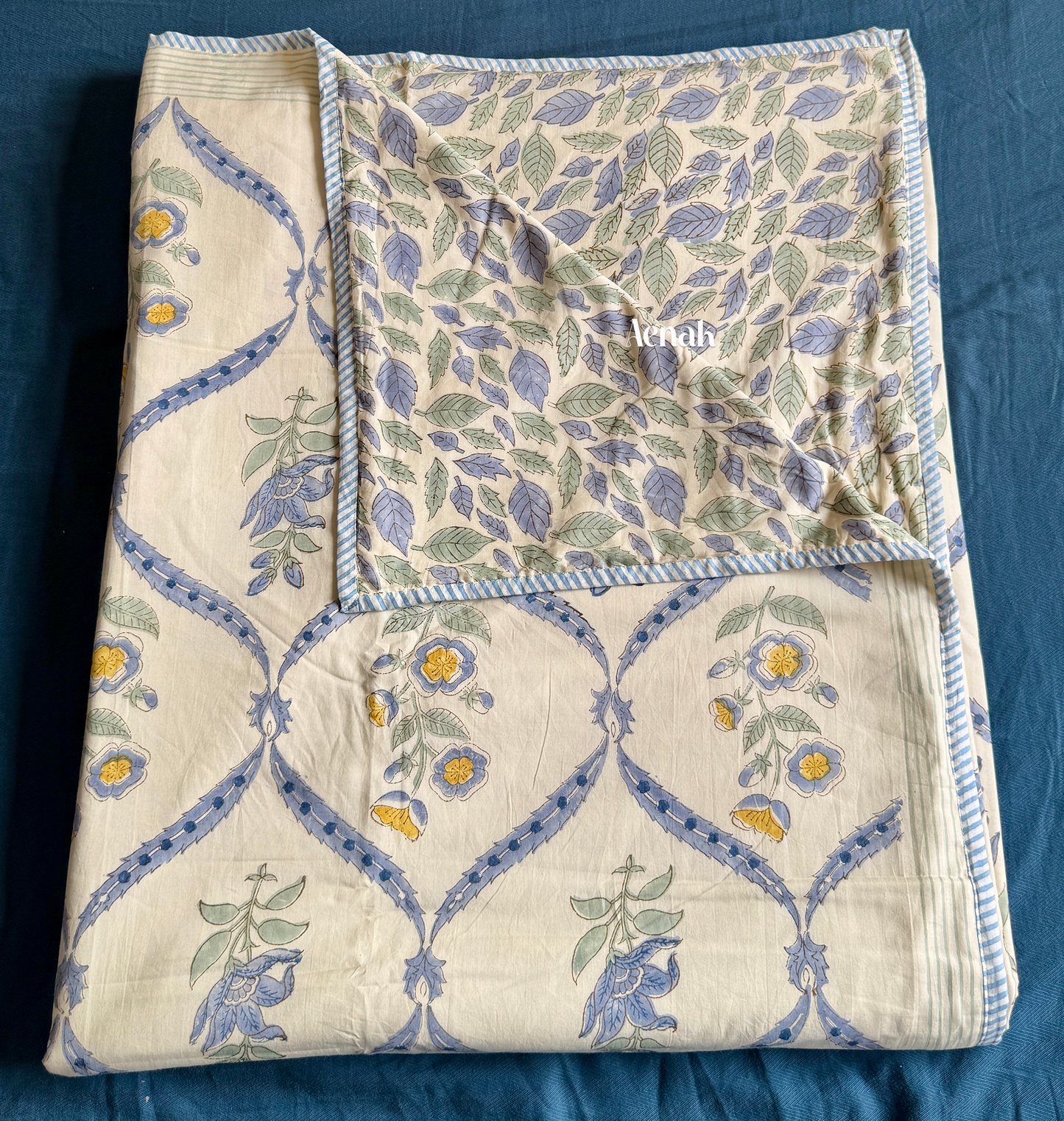 Blue Periwinkle Handblock Printed Mulmul Cotton Reversible Dohar (Beige Base)