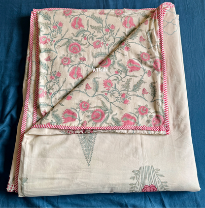 Green Ashoka Handblock Printed Mulmul Cotton Reversible Dohar (Beige Base)