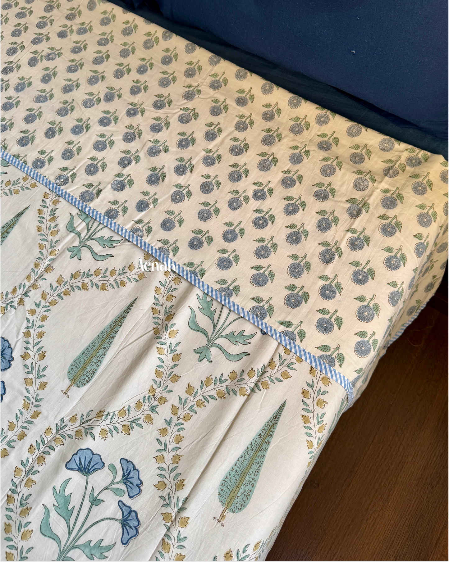 Blue Poppy Handblock Bedsheet + Dohar Combo (Beige Base)