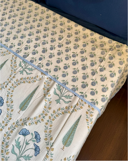 Blue Poppy Handblock Bedsheet + Dohar Combo (Beige Base)