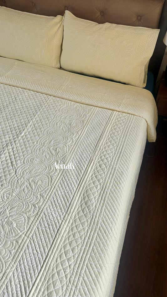Light Yellow Embossed Quilted Handblock Printed Bedcover