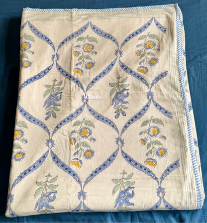 Blue Periwinkle Handblock Printed Mulmul Cotton Reversible Dohar (Beige Base)