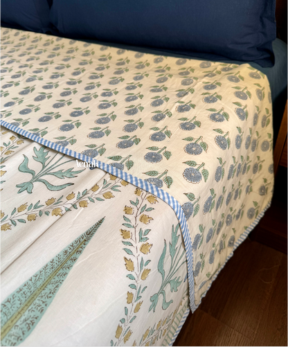 Blue Poppy Handblock Bedsheet + Dohar Combo (Beige Base)