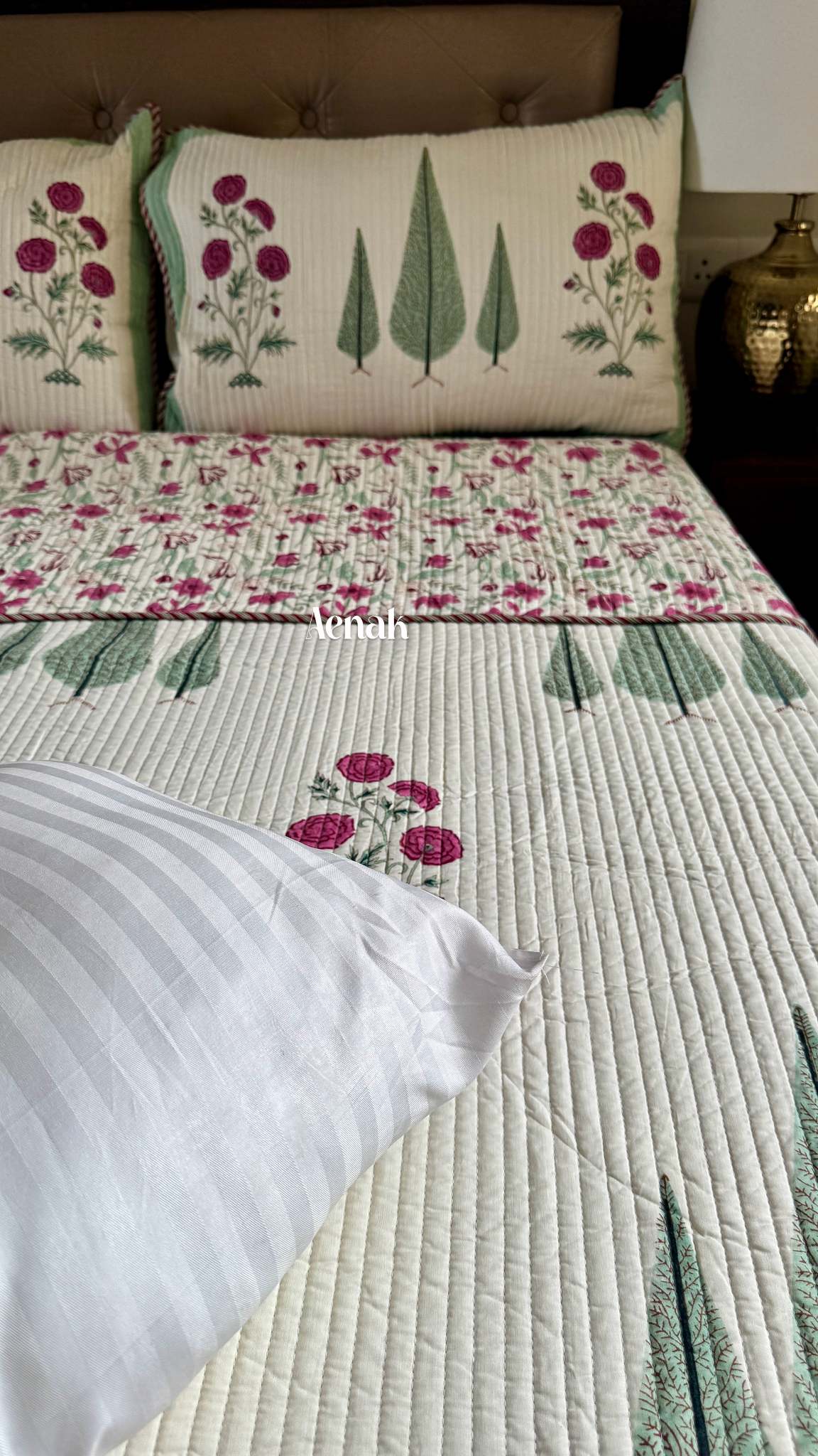 Magenta Floral Garden Handblock Bedsheet + Quilted Bedcover Combo (Ivory Base)