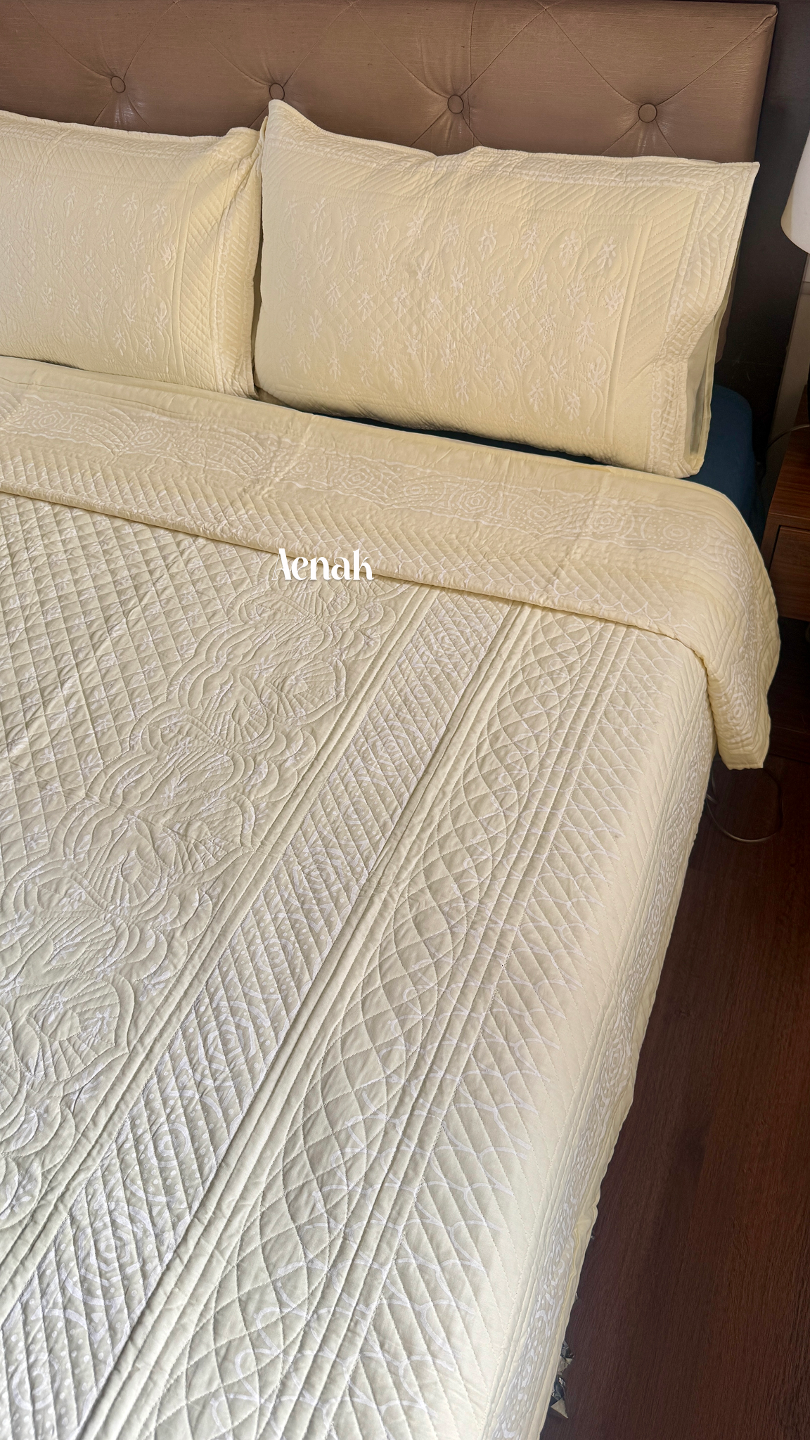 Light Yellow Embossed Quilted Handblock Printed Bedcover