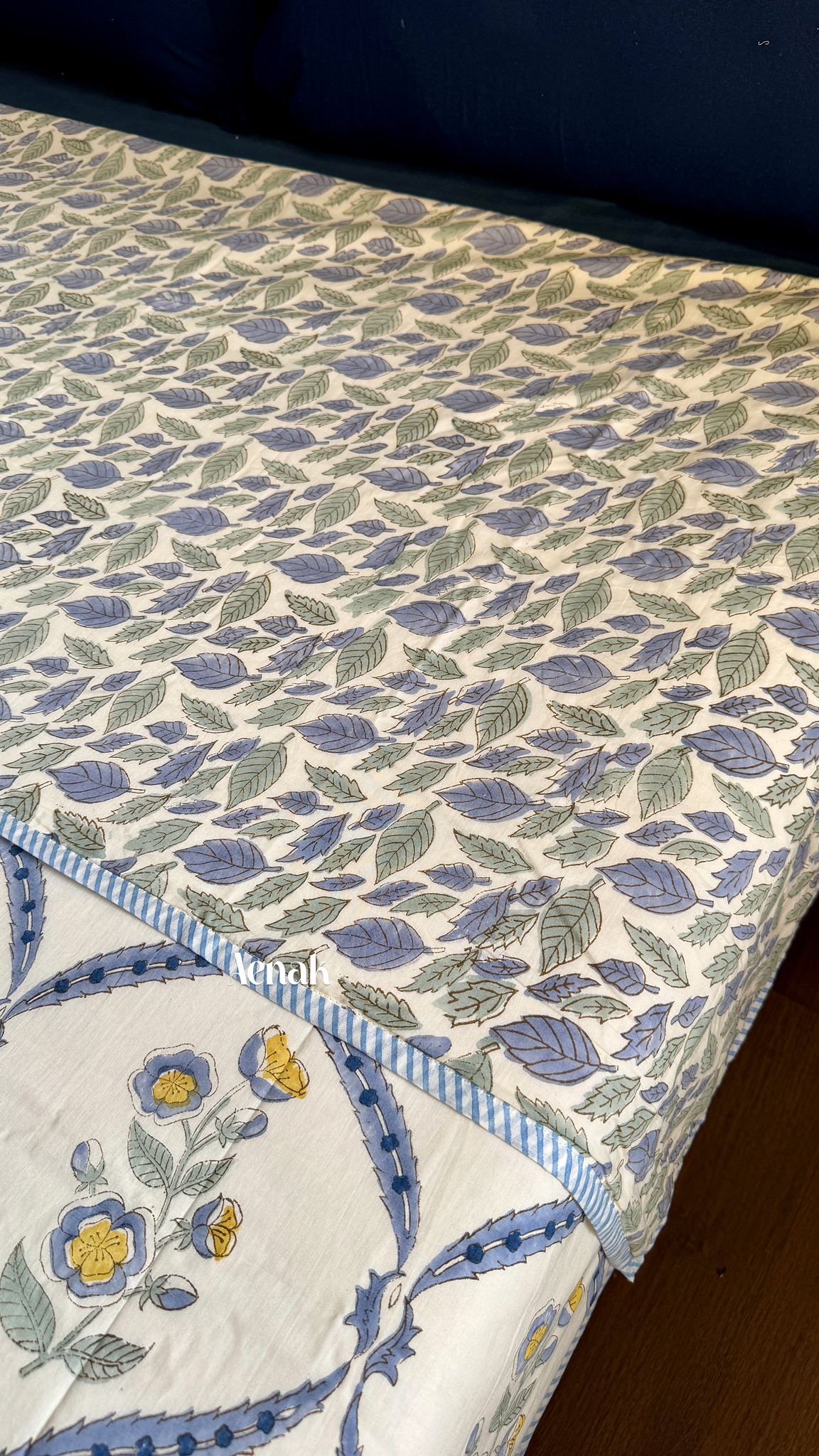Blue Periwinkle Handblock Printed Mulmul Cotton Reversible Dohar (Beige Base)