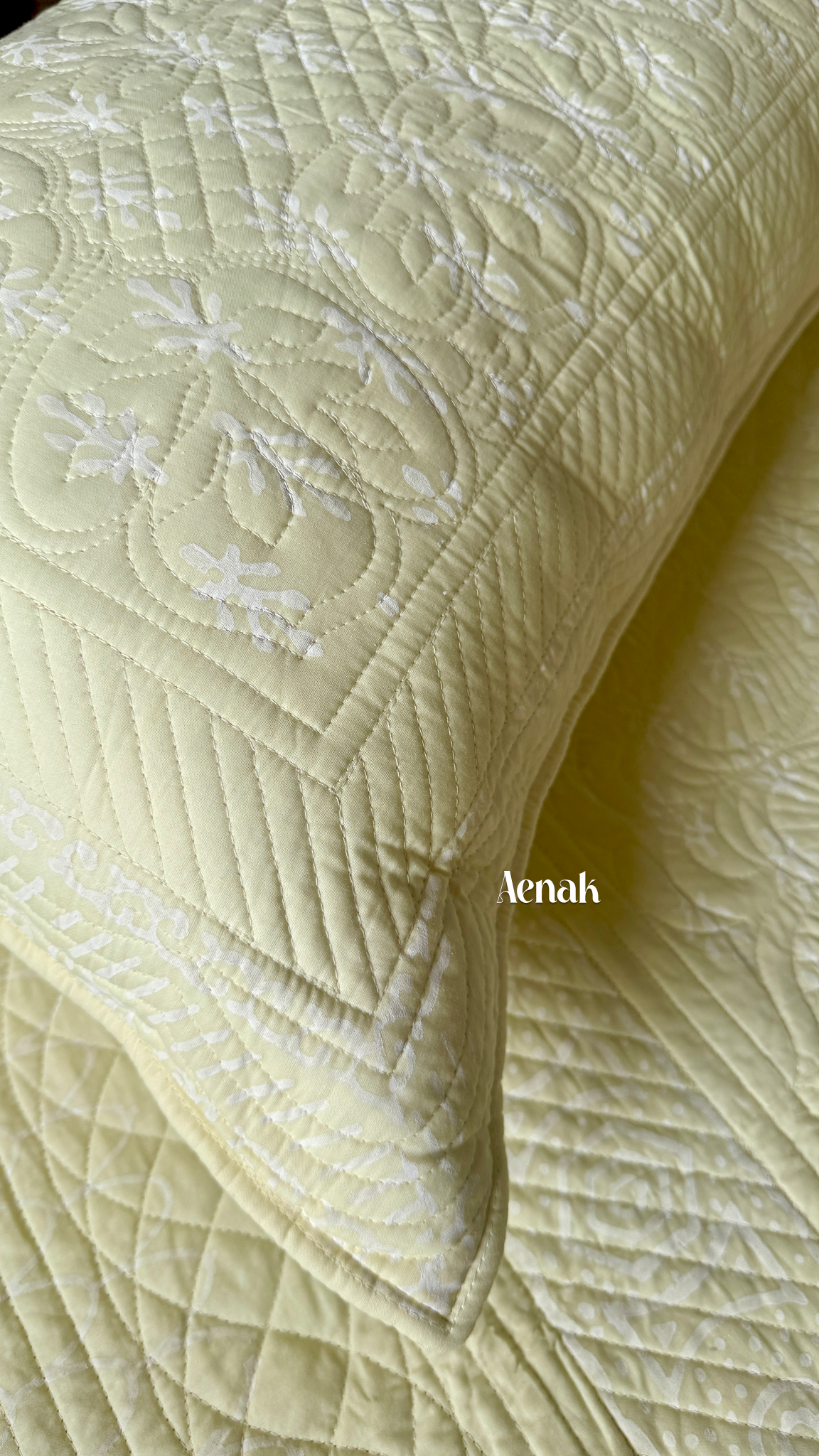 Light Yellow Embossed Quilted Handblock Printed Bedcover