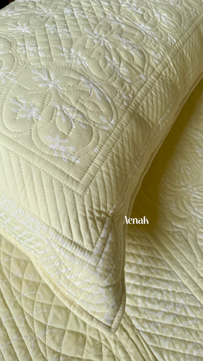 Light Yellow Embossed Quilted Handblock Printed Bedcover