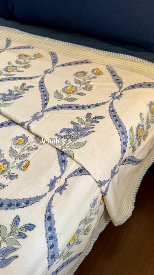 Blue Periwinkle Handblock Printed Mulmul Cotton Reversible Dohar (Beige Base)