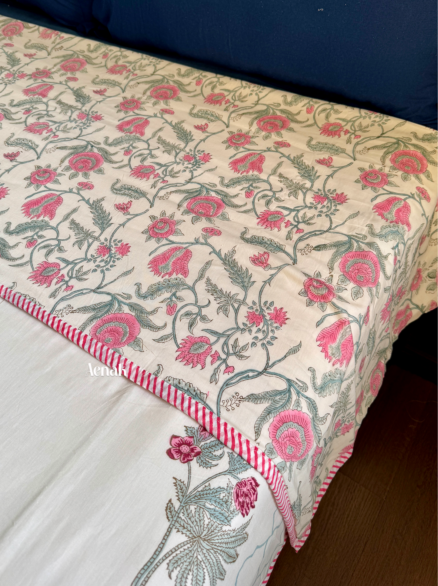 Green Ashoka Handblock Printed Mulmul Cotton Reversible Dohar (Beige Base)