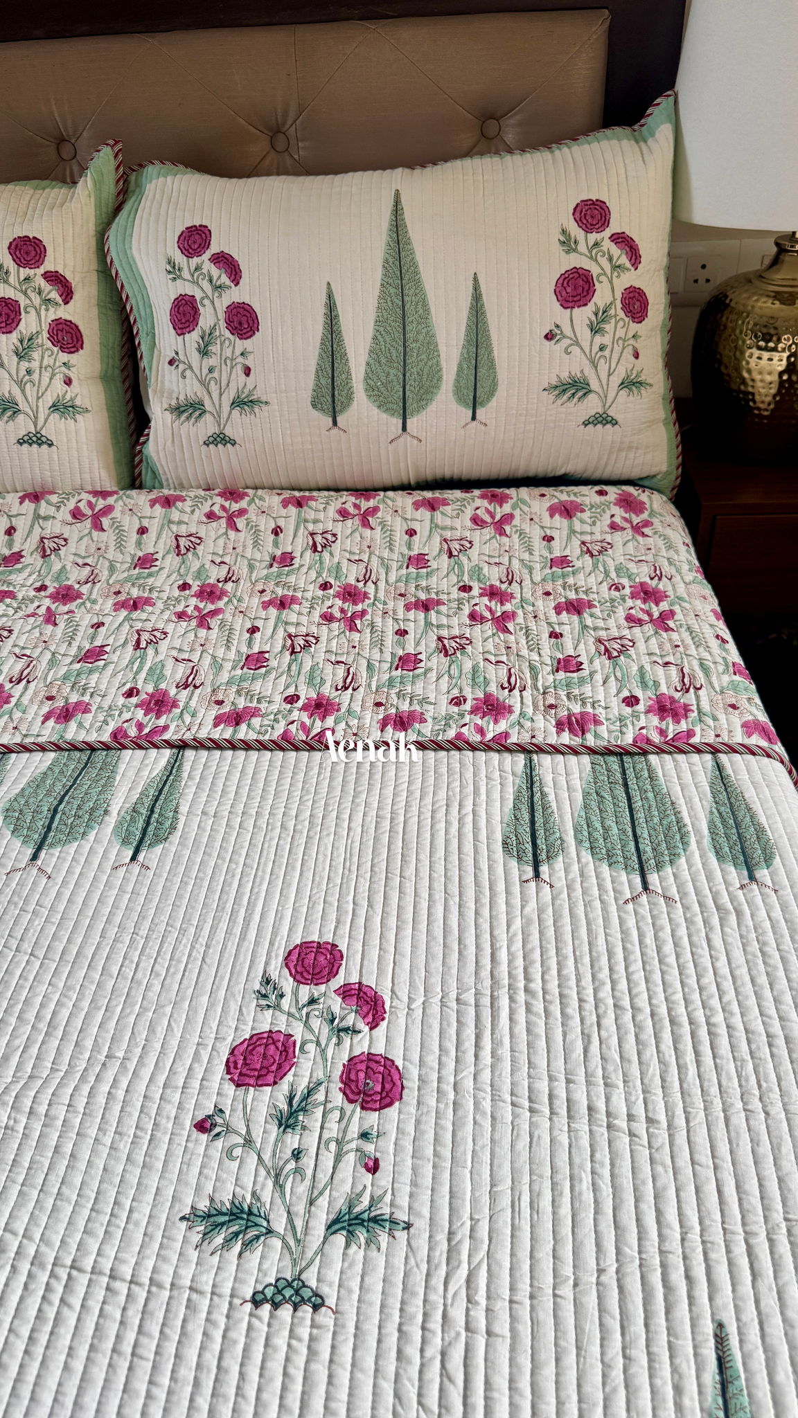 Magenta Floral Garden Handblock Bedsheet + Quilted Bedcover Combo (Ivory Base)