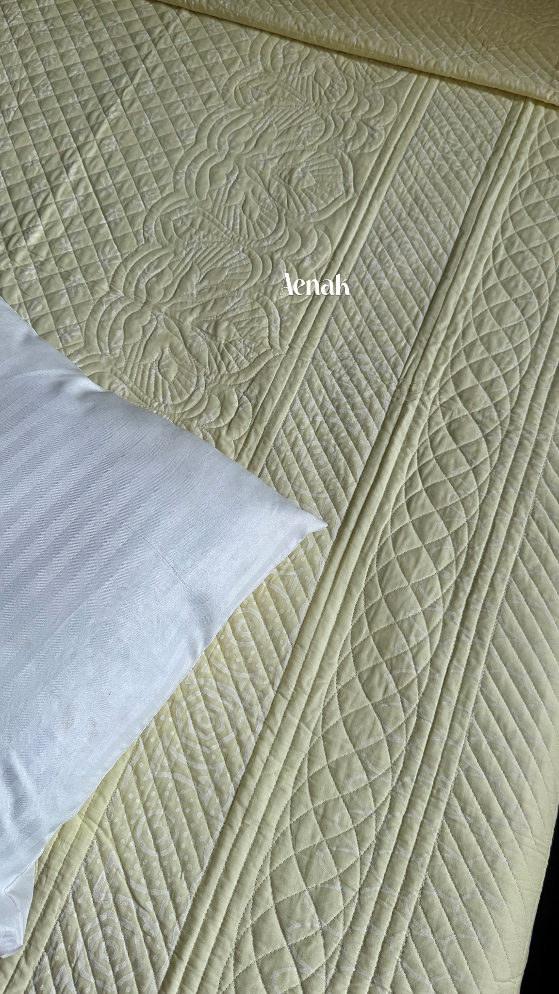 Light Yellow Embossed Quilted Handblock Printed Bedcover