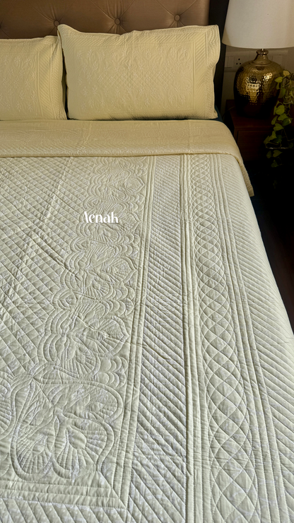 Light Yellow Embossed Quilted Handblock Printed Bedcover