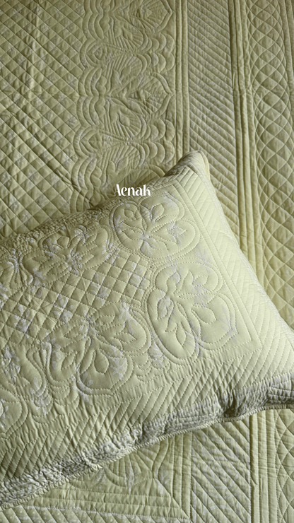 Light Yellow Embossed Quilted Handblock Printed Bedcover
