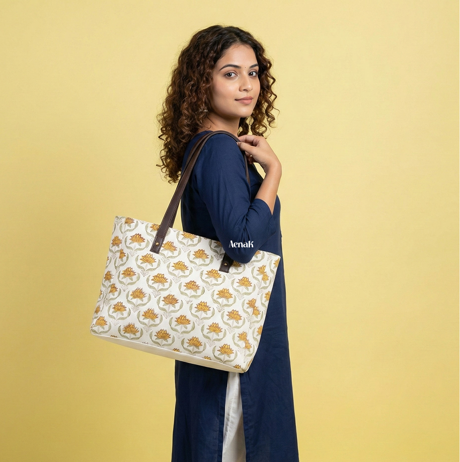 Yellow Lotus Jaal Handblock Artisanal Handbag