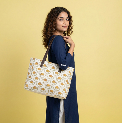Yellow Lotus Jaal Handblock Artisanal Handbag