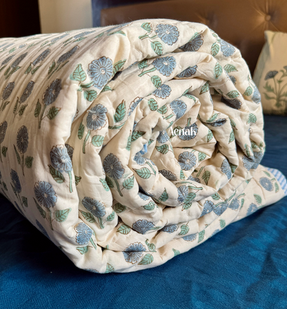 Blue Poppy Handblock Printed Reversible Mulmul Cotton Quilt (Beige Base)