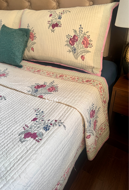 Burgundy Anaar Handblock Printed Reversible Straight Quilted Bedcover Set (Beige Base)