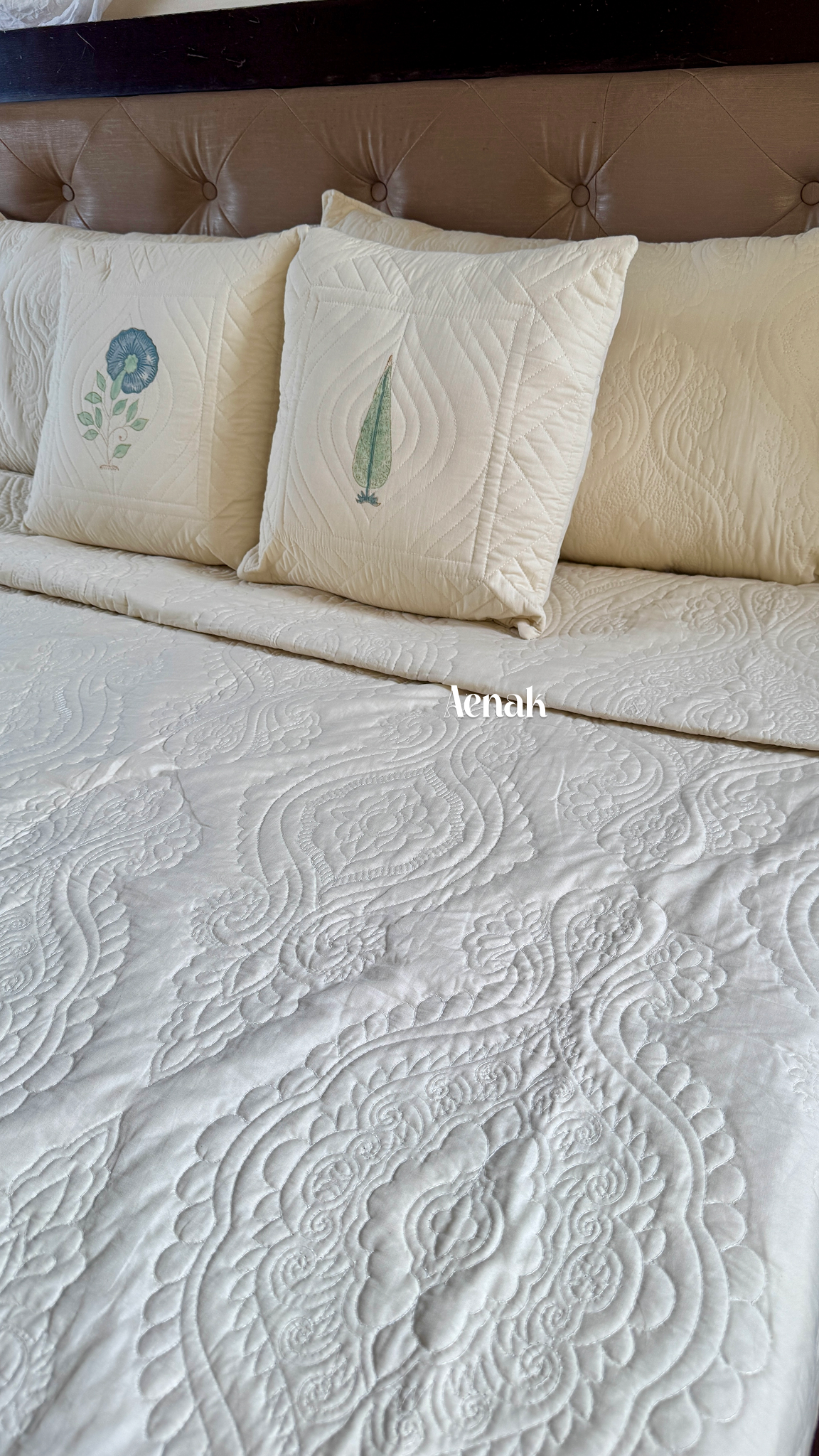 Beige Embossed Paani Jaal Quilted Bedcover (Non-White Base)
