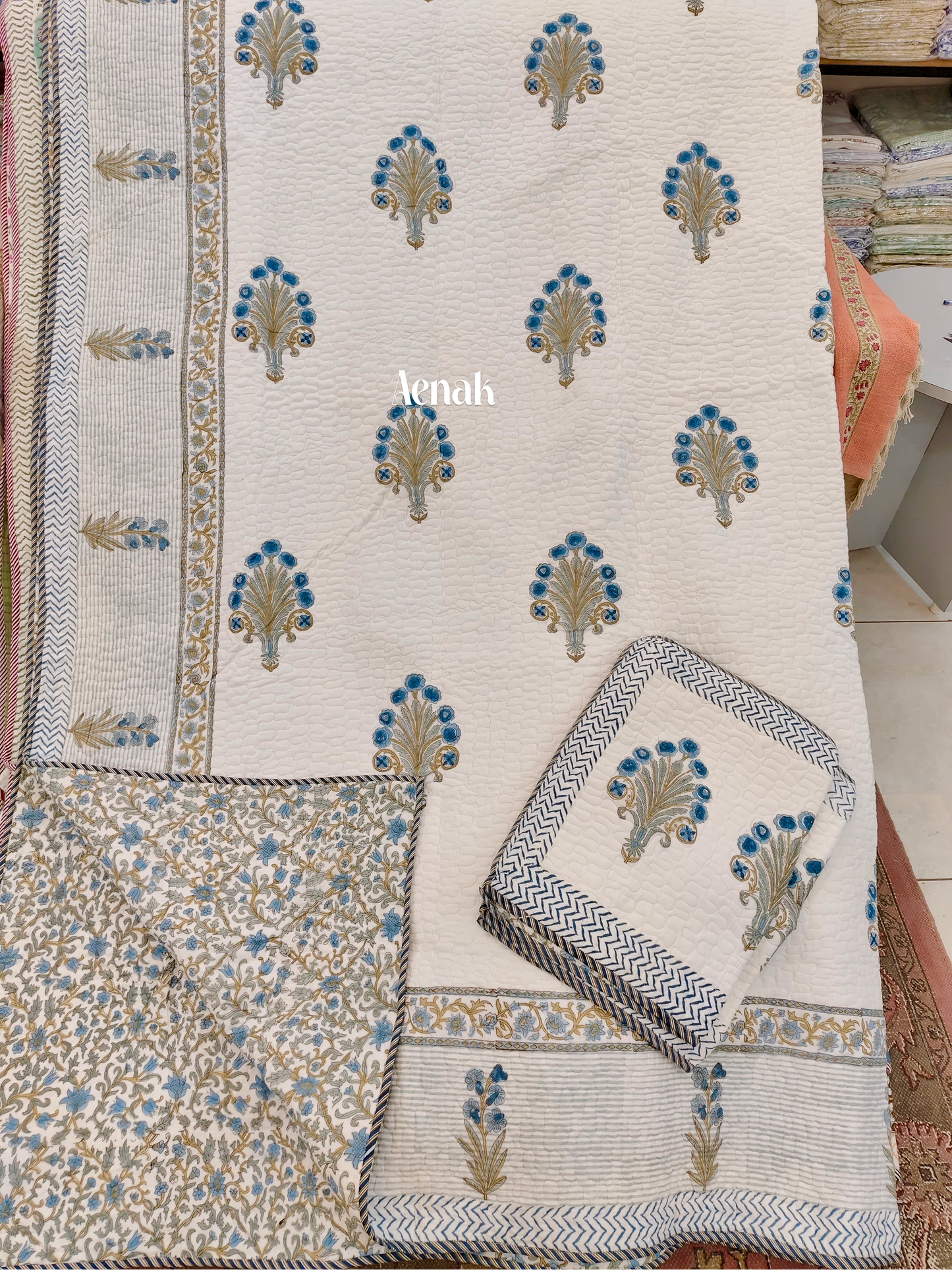 Blue Phool Guldasta Handblock Printed Reversible Quilted Bedcover -105 x108