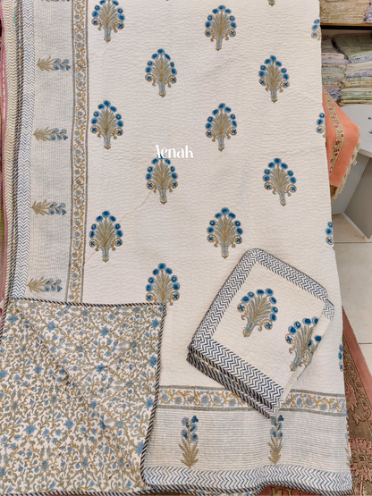 Blue Phool Guldasta Handblock Printed Reversible Quilted Bedcover -105 x108