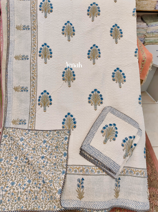 Blue Phool Guldasta Handblock Printed Reversible Quilted Bedcover -105 x108