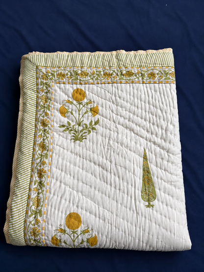 Yellow Dahlia Handblock Bedsheet + Quilt Combo Set