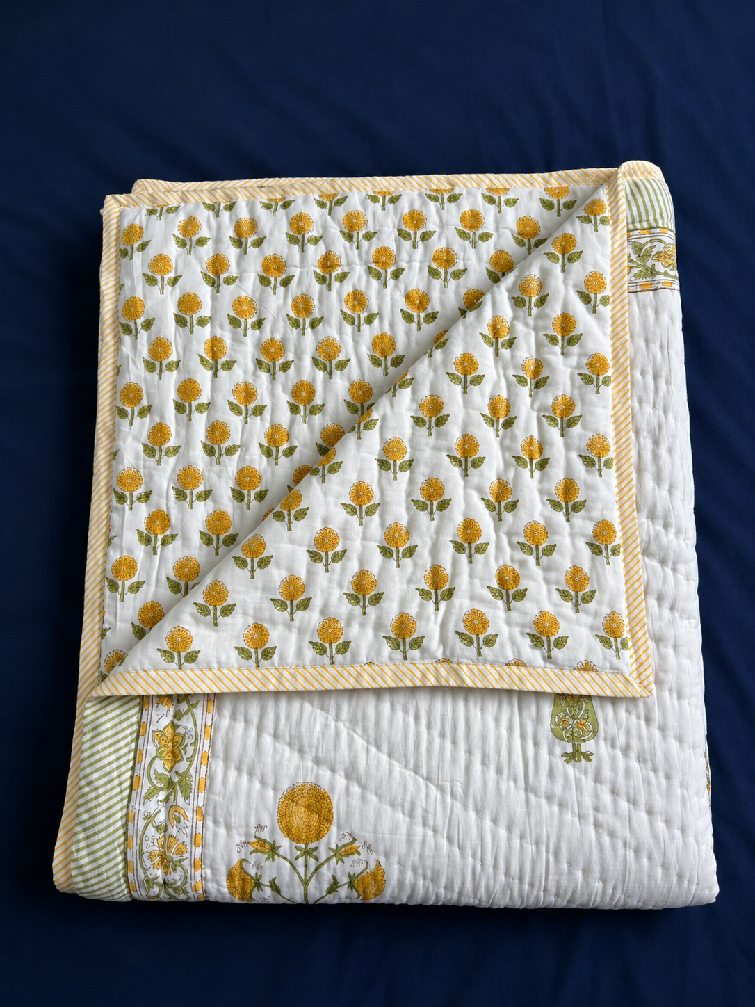 Yellow Dahlia Handblock Bedsheet + Quilt Combo Set