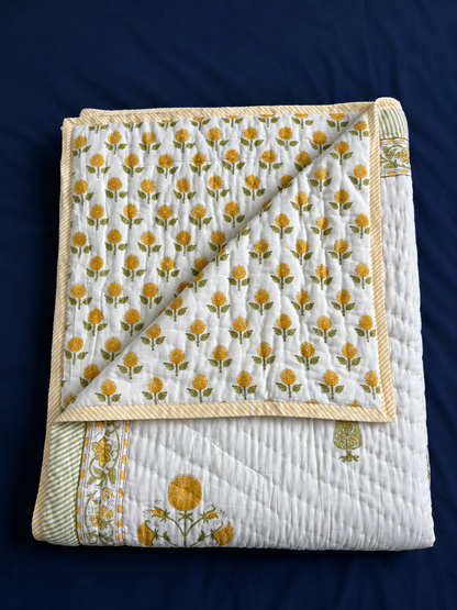 Yellow Dahlia Handblock Bedsheet + Quilt Combo Set