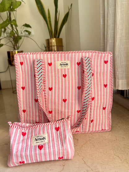 Pink Little Heart Quilted Cotton Travel Bag + Vanity Pouch