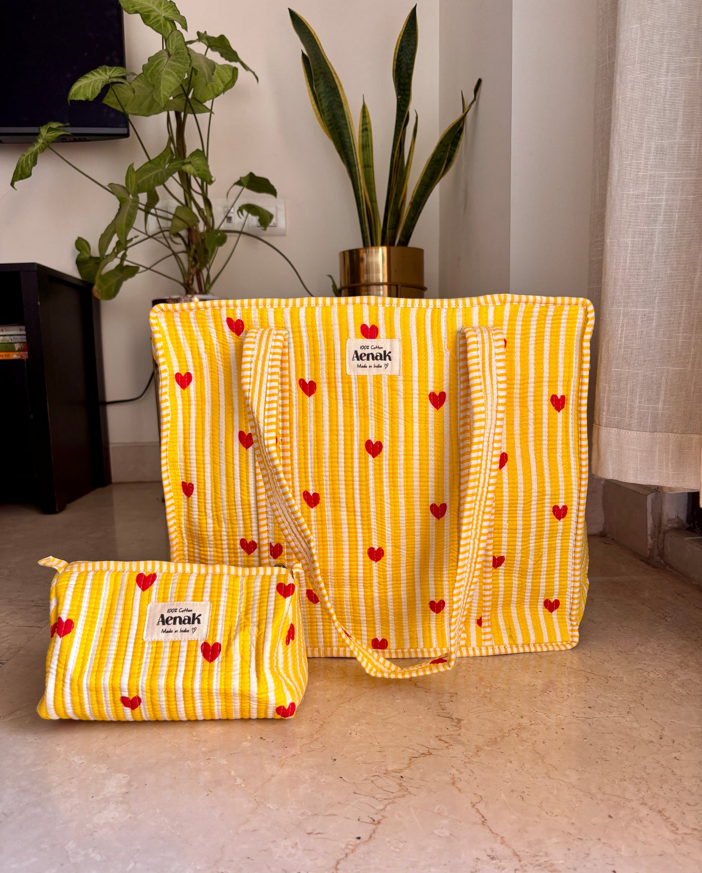Yellow Little Heart Quilted Cotton Travel Bag + Vanity Pouch