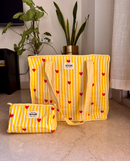 Yellow Little Heart Quilted Cotton Travel Bag + Vanity Pouch