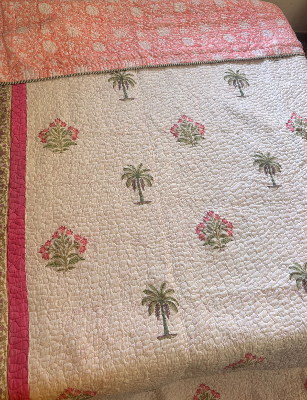 Pink Royal Palm Handblock Reversible Quilted Cotton Bedcover
