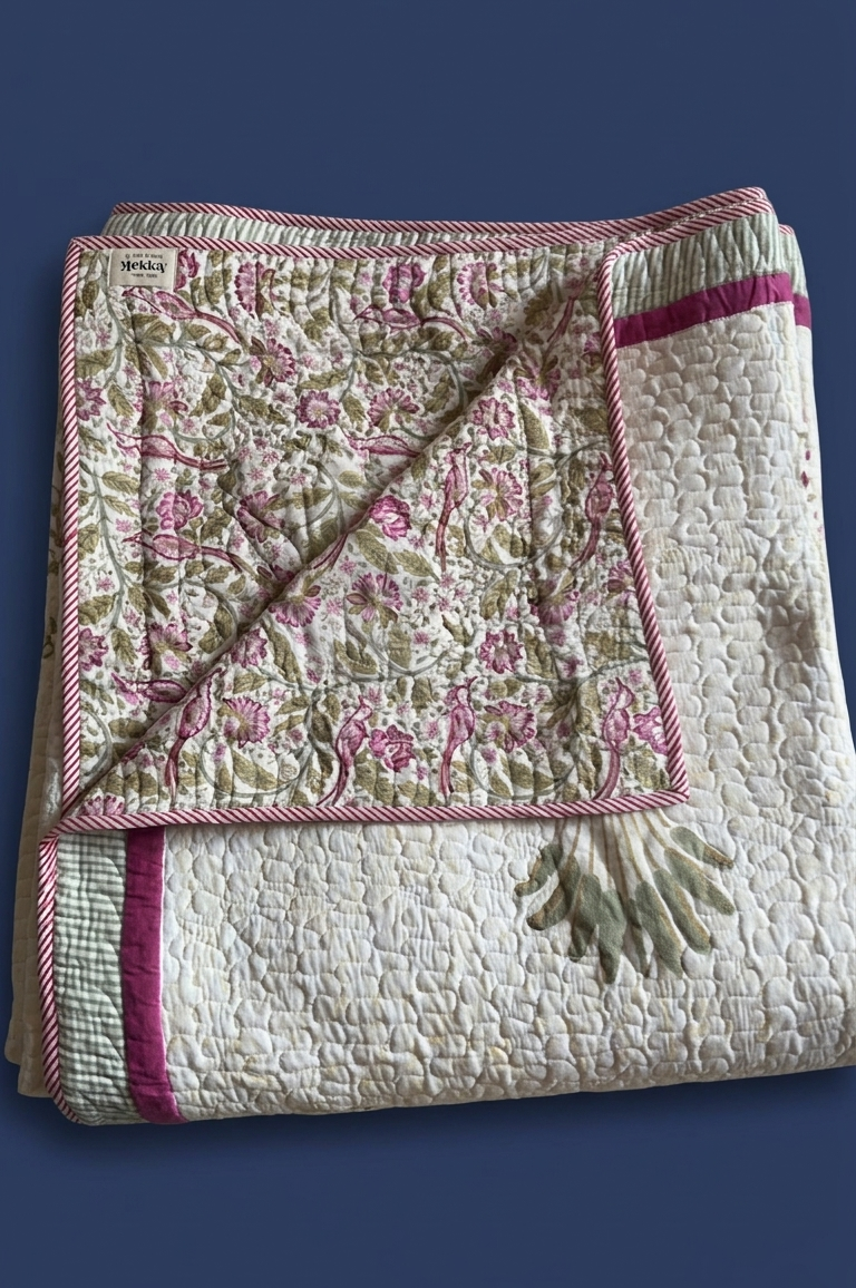 Purple Sparrow Pani Jaal Handblock Printed Reversible Quilted Cotton Bedcover Set