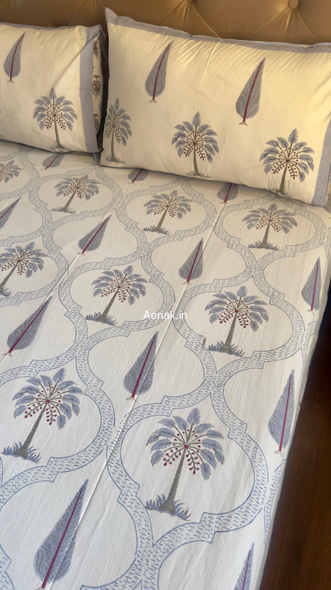 Blue Palm Jaal Handblock Bedsheet + Quilted Bedcover Combo Set