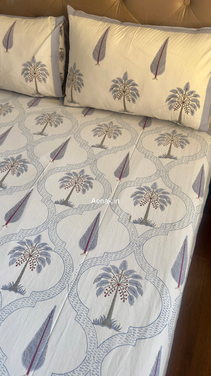 Blue Palm Jaal Handblock Bedsheet + Quilted Bedcover Combo Set