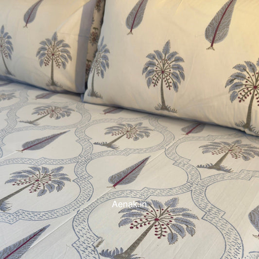 Blue Palm Jaal Handblock Premium Cotton Bedsheet Set