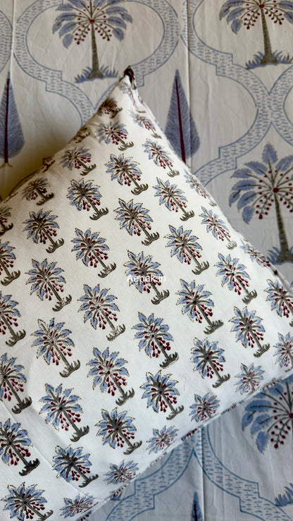 Blue Palm Jaal Handblock Bedsheet + Quilted Bedcover Combo Set