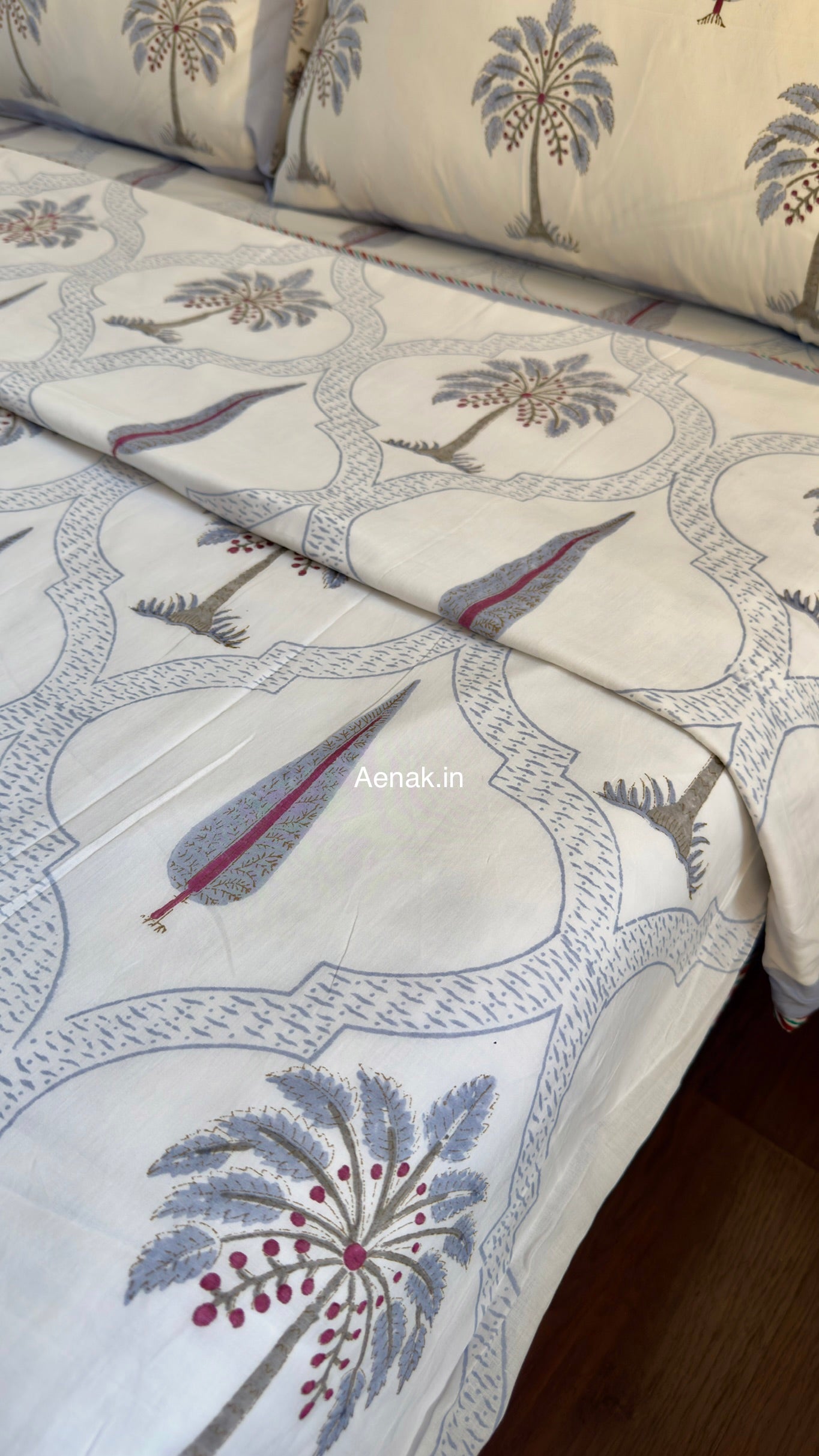 Blue Palm Jaal Handblock Bedsheet + Dohar Combo Set