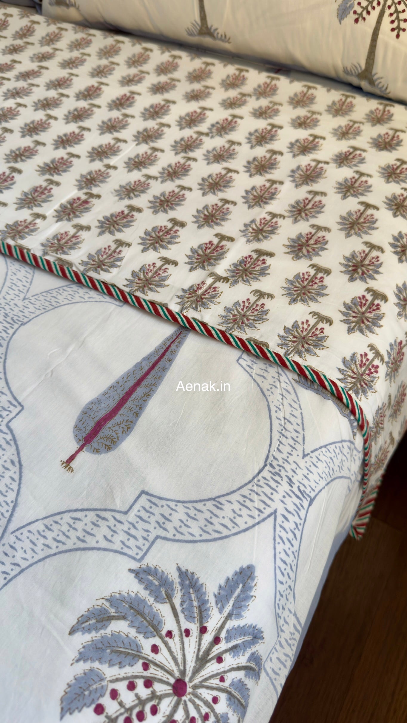 Blue Palm Jaal Handblock Bedsheet + Dohar Combo Set